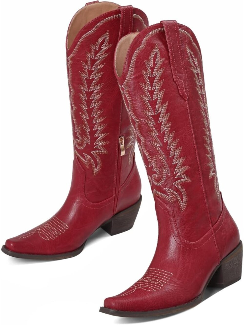 Women's Red Zipper Cowgirl Boots Western Cowgirl Boots Knee High Snip Toe Boots